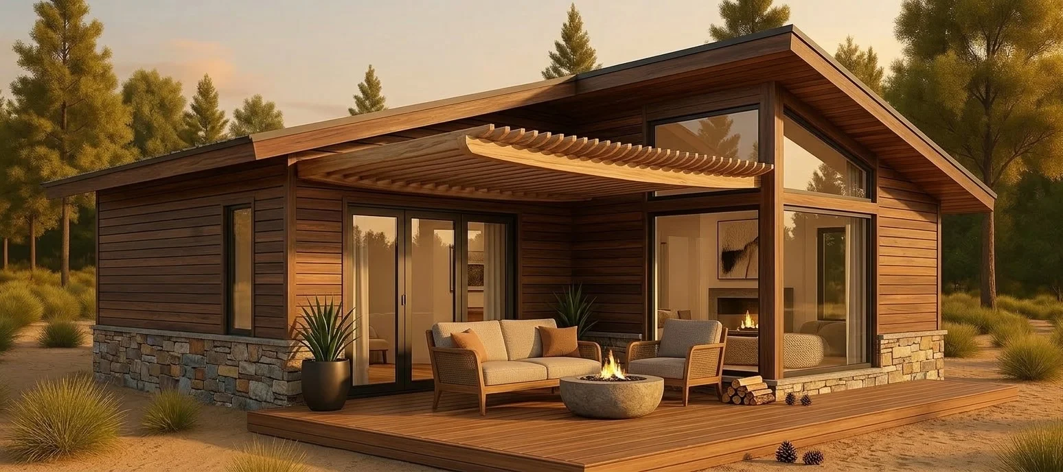 Casa de madera laminada con terraza y pérgola en las Islas Canarias — CasaModul