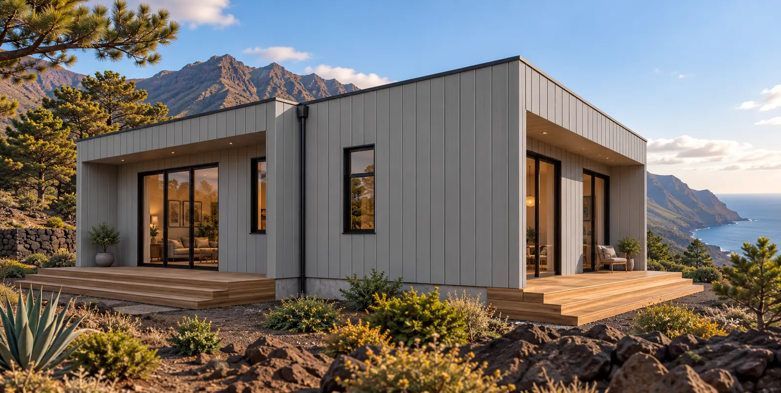 Visualización de la casa SLC Modern 120 con fachada de aspecto panel lineal y terraza de madera