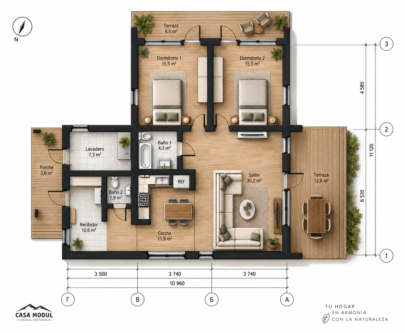 Plano orientativo de Modern 120 con dos dormitorios, dos baños, salón, cocina, lavadero, recibidor y terrazas