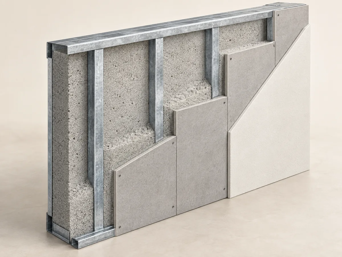 Muro SLC con estructura de acero galvanizado, relleno de hormigón celular y paneles de cemento