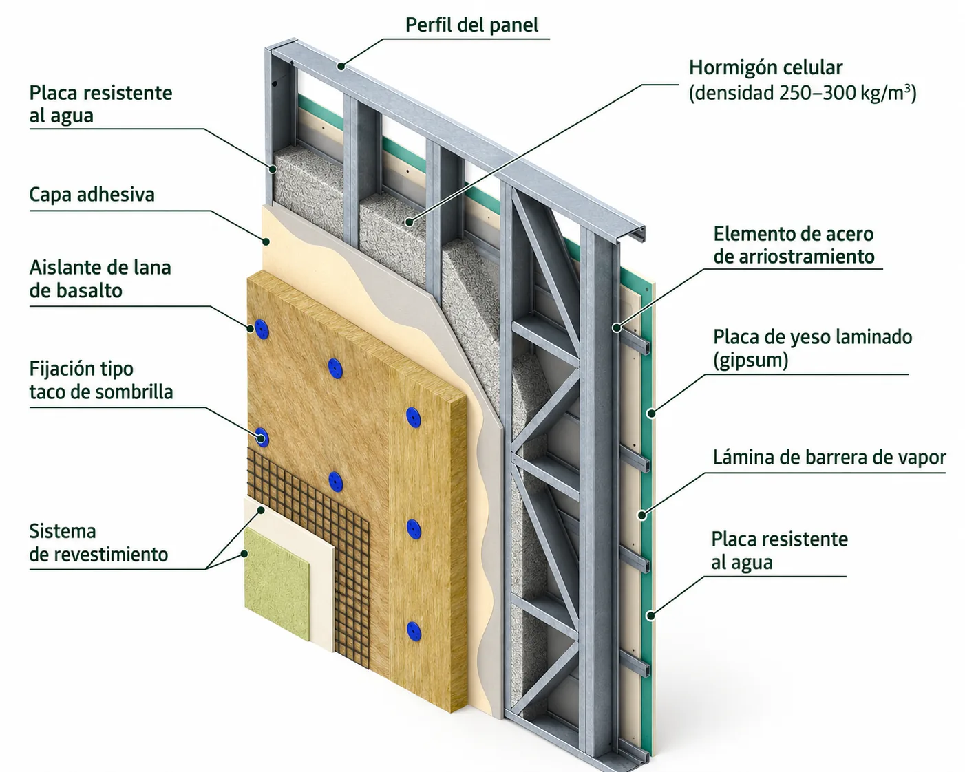 Esquema de una pared SLC con perfiles de acero, relleno de hormigón celular, aislamiento exterior de lana de roca, placas y revestimientos