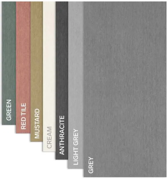 Muestrario de paneles de cemento para fachada en verde, teja, mostaza, crema, antracita, gris claro y gris